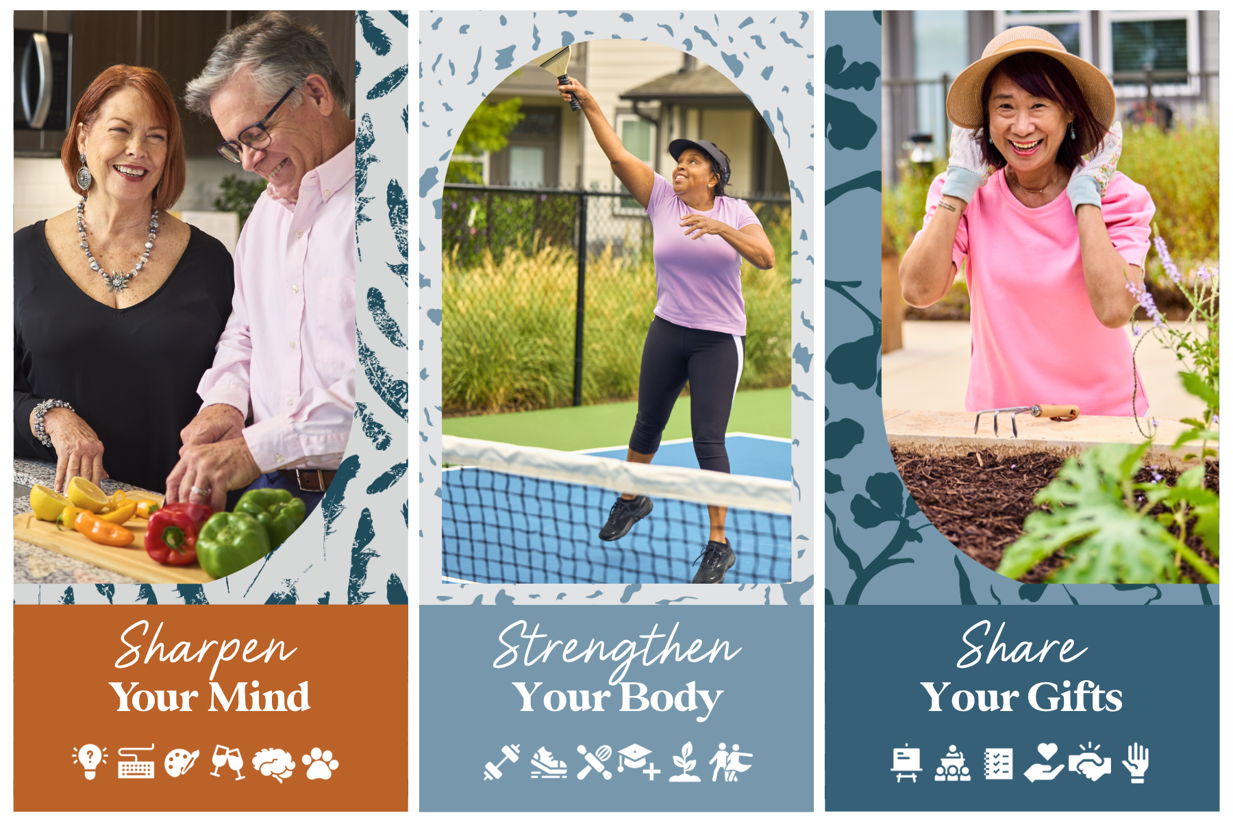 a collage of images of people cooking, gardening, and playing pickleball