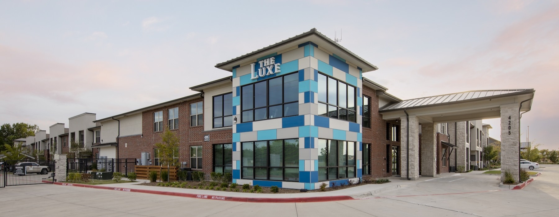 a building with a blue and white exterior